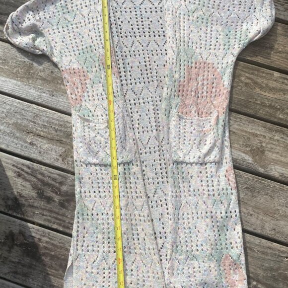 POL Boho Knit Open Front Short Sleeve Cardigan Sweater Pastel Sz M Crochet Beach - Picture 10 of 13